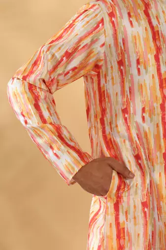 Silk blend tie-dye printed madarine collor yellow kurta