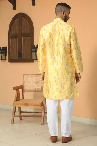 Silk blend tie-dye printed madarine collor yellow kurta