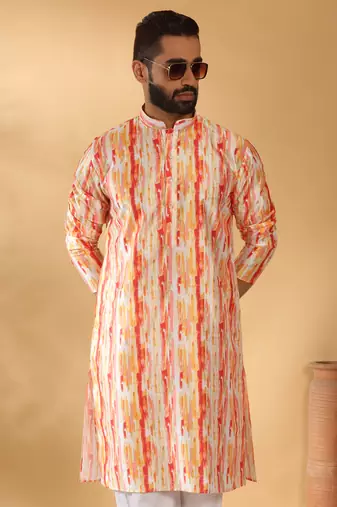 Silk blend tie-dye printed madarine collor yellow kurta
