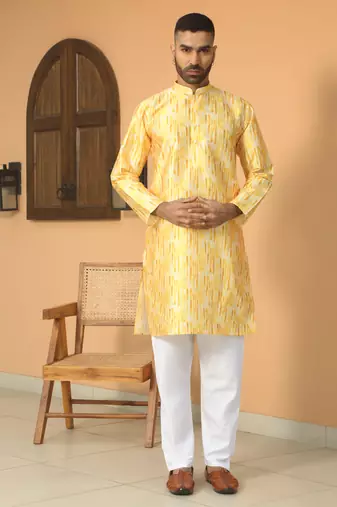 Silk blend tie-dye printed madarine collor yellow kurta