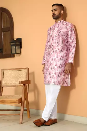 Silk blend tie-dye printed madarine collor pink kurta