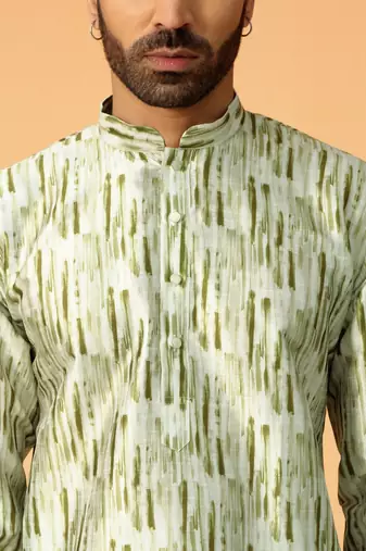 Silk blend tie-dye printed madarine collor green kurta