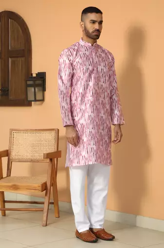 Silk blend tie-dye printed madarine collor pink kurta