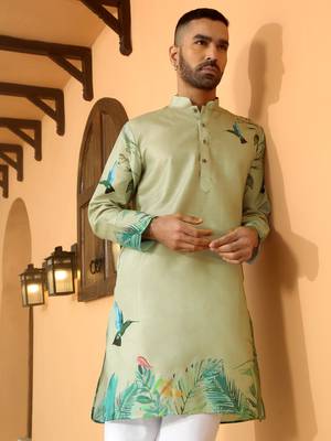 Floral printed green mandarin collor cotton summer kurta 1