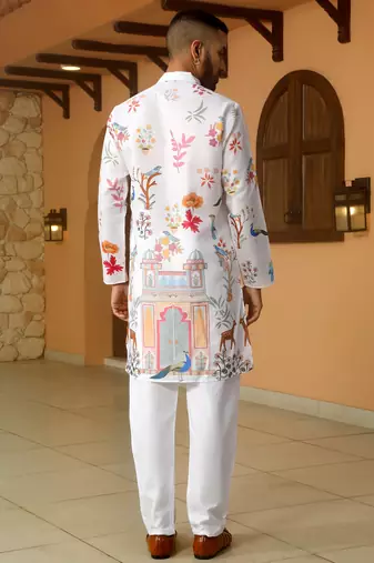 Floral printed white mandarin collor cotton summer kurta
