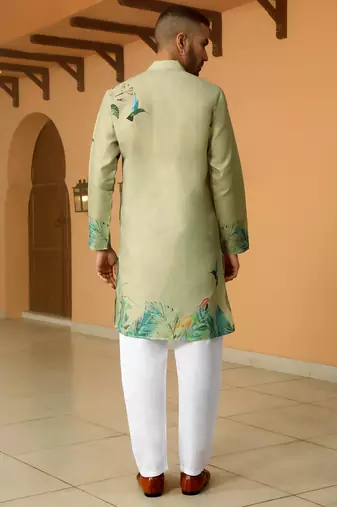 Floral printed green mandarin collor cotton summer kurta