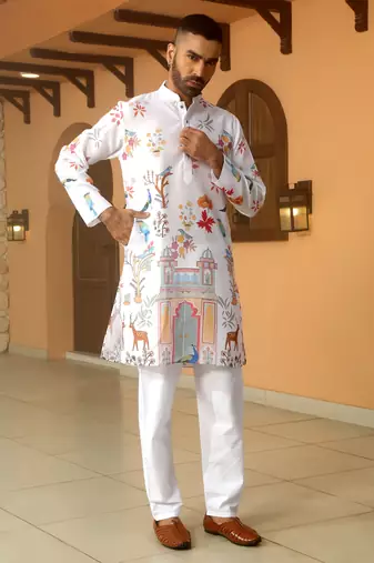 Floral printed white mandarin collor cotton summer kurta