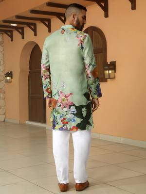 Floral printed green mandarin collor cotton summer kurta 3