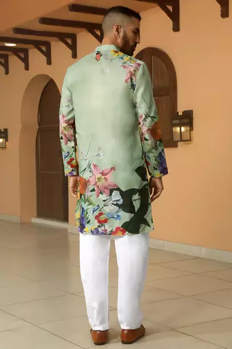 Floral printed green mandarin collor cotton summer kurta