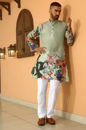 Floral printed green mandarin collor cotton summer kurta