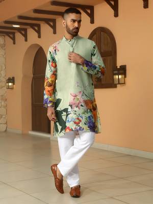 Floral printed green mandarin collor cotton summer kurta 5