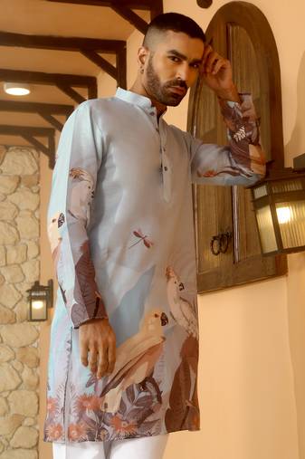 Animal printed blue mandarin collor cotton summer kurta