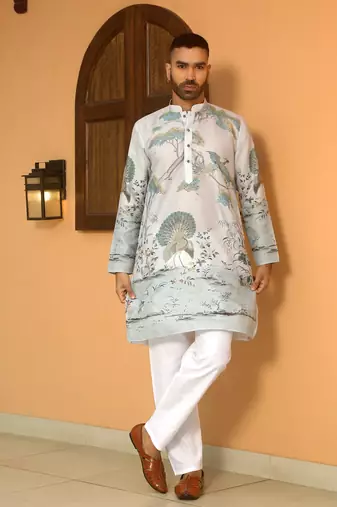 Animal printed grey mandarin collor cotton summer kurta