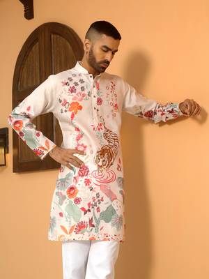 Animal printed beige mandarin collor cotton summer kurta 1