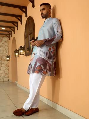 Animal printed blue mandarin collor cotton summer kurta 4