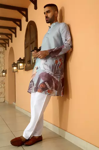 Animal printed blue mandarin collor cotton summer kurta