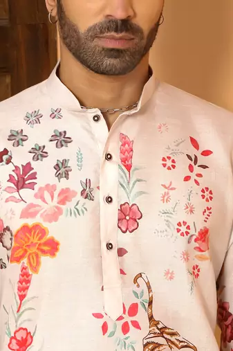 Animal printed beige mandarin collor cotton summer kurta