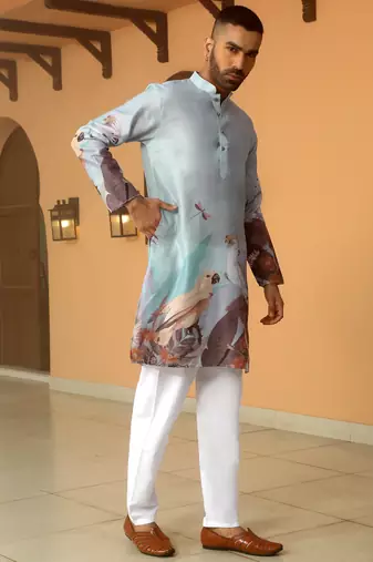 Animal printed blue mandarin collor cotton summer kurta
