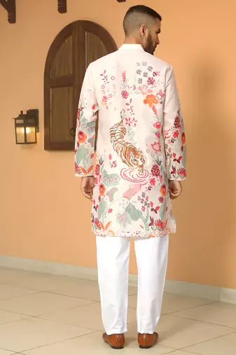 Animal printed beige mandarin collor cotton summer kurta