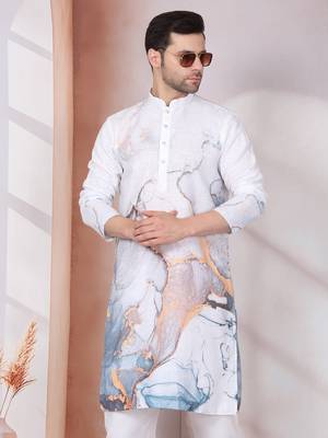 Abstract marble printed white mandarin collor cotton kurta 1