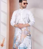 Abstract marble printed white mandarin collor cotton kurta