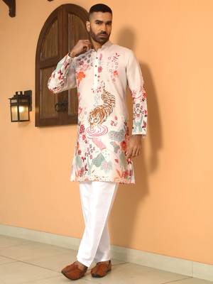 Animal printed beige mandarin collor cotton summer kurta 5