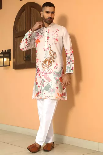 Animal printed beige mandarin collor cotton summer kurta