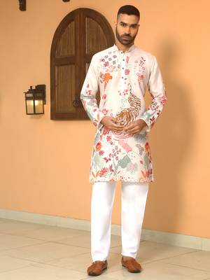 Animal printed beige mandarin collor cotton summer kurta 6