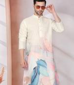 Abstract marble printed cream mandarin collor cotton kurta
