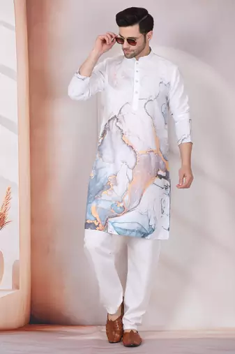 Abstract marble printed white mandarin collor cotton kurta