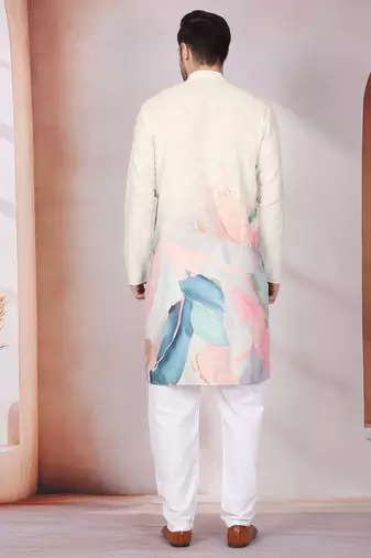 Abstract marble printed cream mandarin collor cotton kurta
