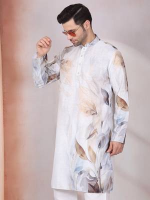 Leaf printed grey mandarin collor cotton kurta 1