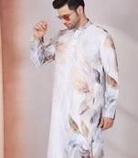Leaf printed grey mandarin collor cotton kurta