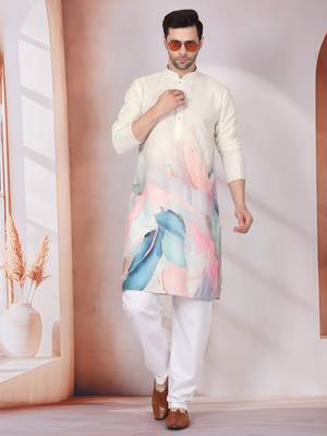 Abstract marble printed cream mandarin collor cotton kurta 5