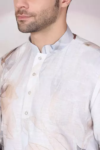 Leaf printed grey mandarin collor cotton kurta
