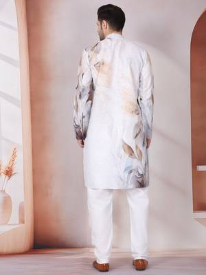 Leaf printed grey mandarin collor cotton kurta 3