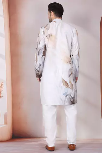 Leaf printed grey mandarin collor cotton kurta