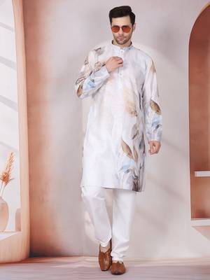 Leaf printed grey mandarin collor cotton kurta 4