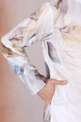 Leaf printed grey mandarin collor cotton kurta