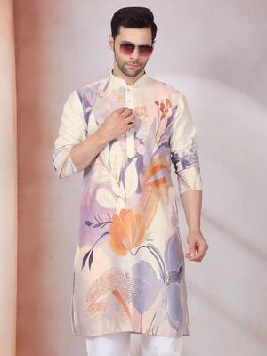 Floral printed beige mandarin collor cotton kurta 1