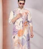 Floral printed beige mandarin collor cotton kurta