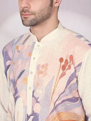 Floral printed beige mandarin collor cotton kurta 2
