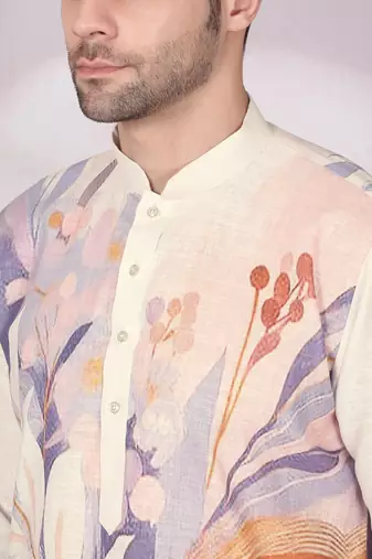 Floral printed beige mandarin collor cotton kurta