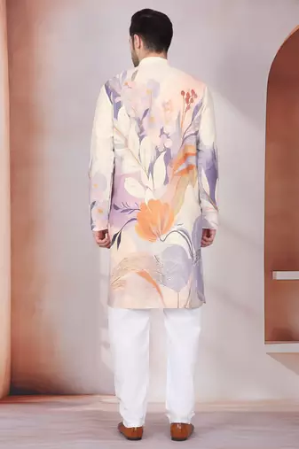 Floral printed beige mandarin collor cotton kurta