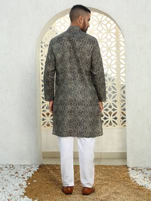 Paisley printed grey mandarin collor cotton summer kurta 3