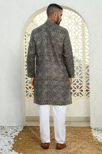 Paisley printed grey mandarin collor cotton summer kurta