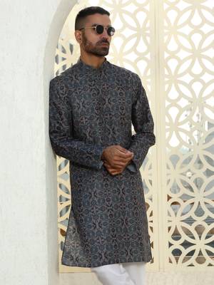 Floral printed blue mandarin collor cotton summer kurta 1