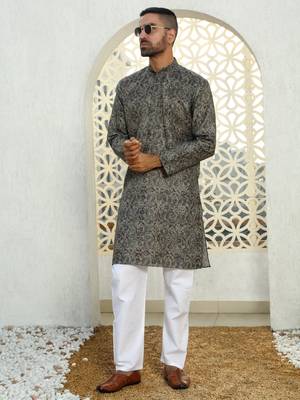 Paisley printed grey mandarin collor cotton summer kurta 4