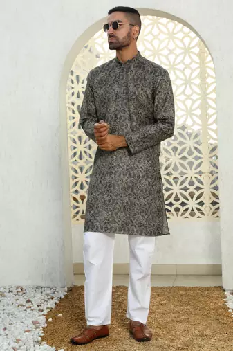 Paisley printed grey mandarin collor cotton summer kurta