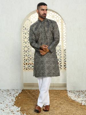 Paisley printed grey mandarin collor cotton summer kurta 5